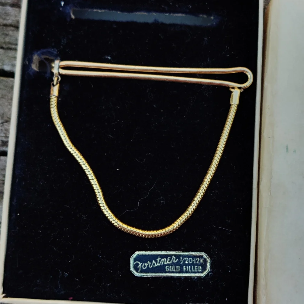 NIB Vintage men's Forstner 12k GF Tie bar with snake chain